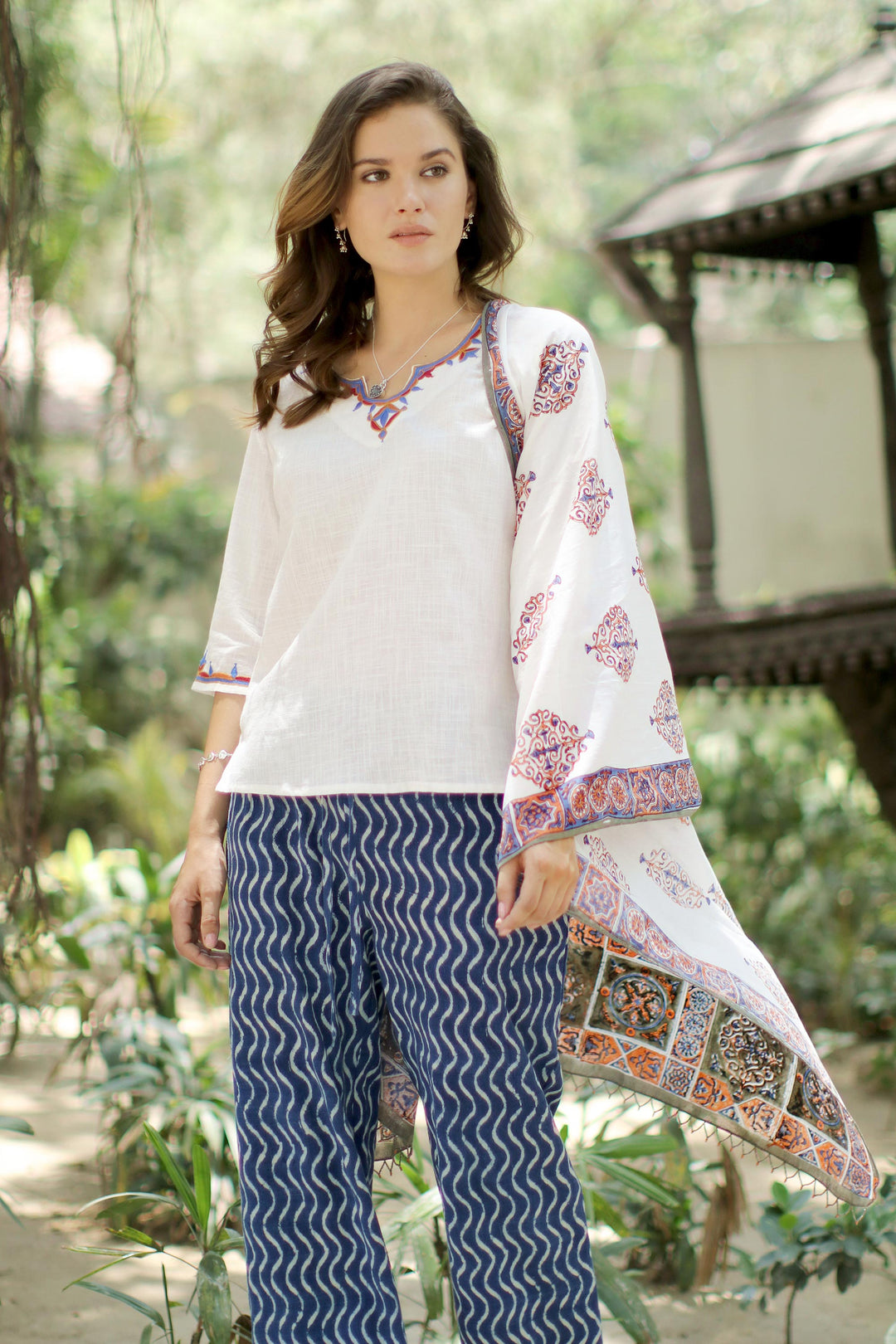 Block-Printed Cotton Shawl from India - Mughal Glory