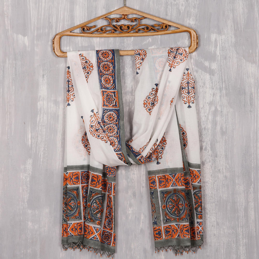 Block-Printed Cotton Shawl from India - Mughal Glory