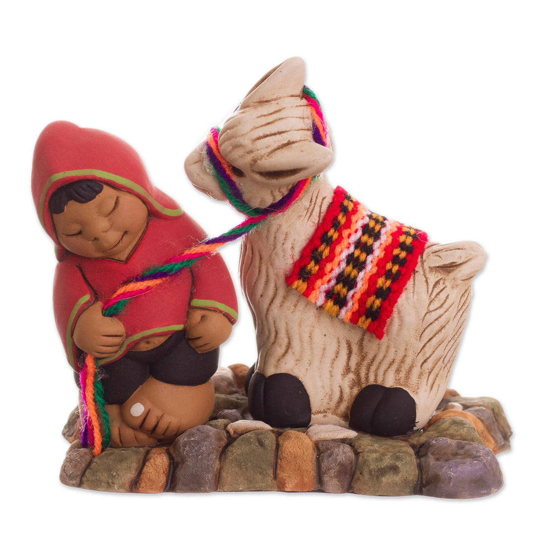 Ceramic Figurine of a Man with a Llama from Peru - Happy Andean Man