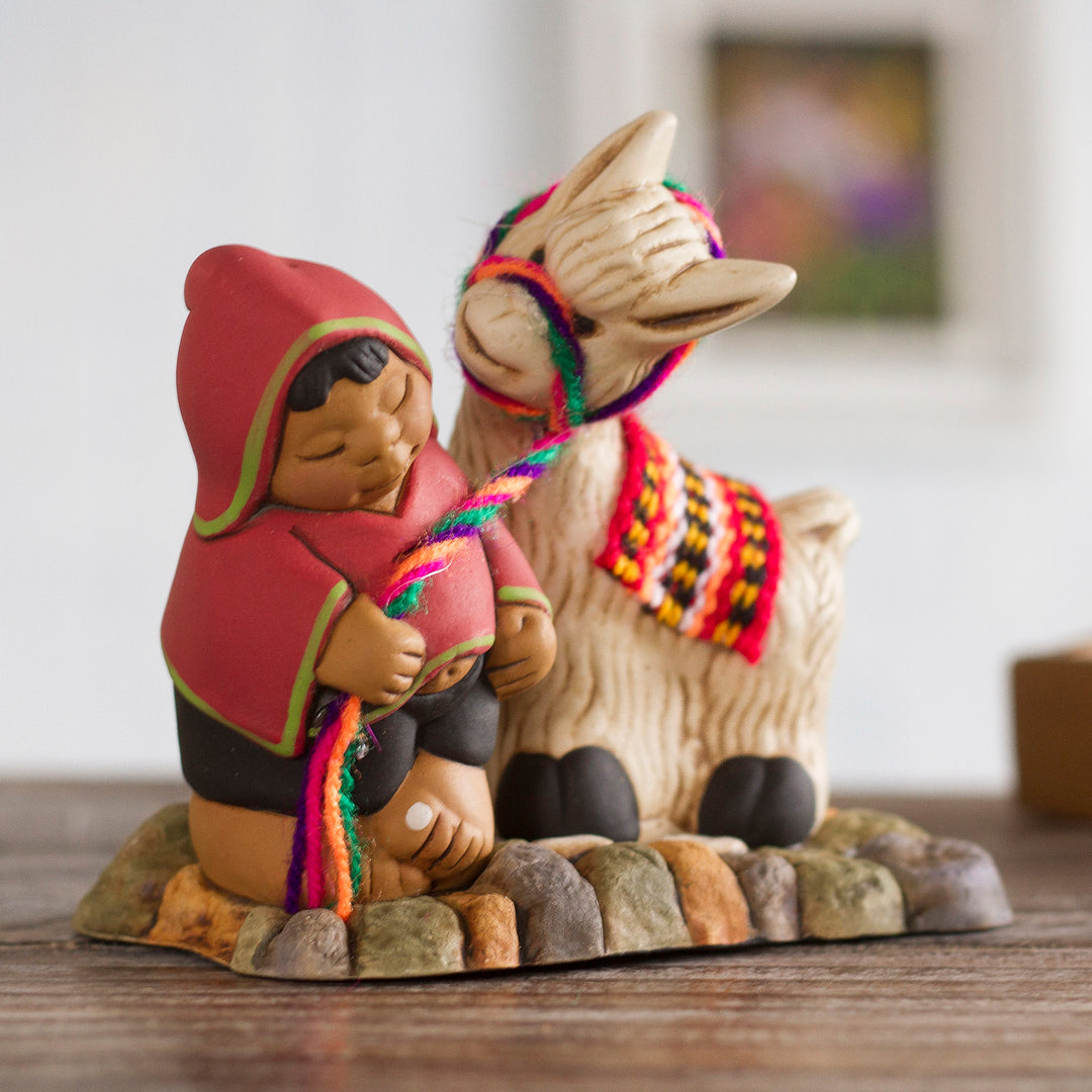 Ceramic Figurine of a Man with a Llama from Peru - Happy Andean Man