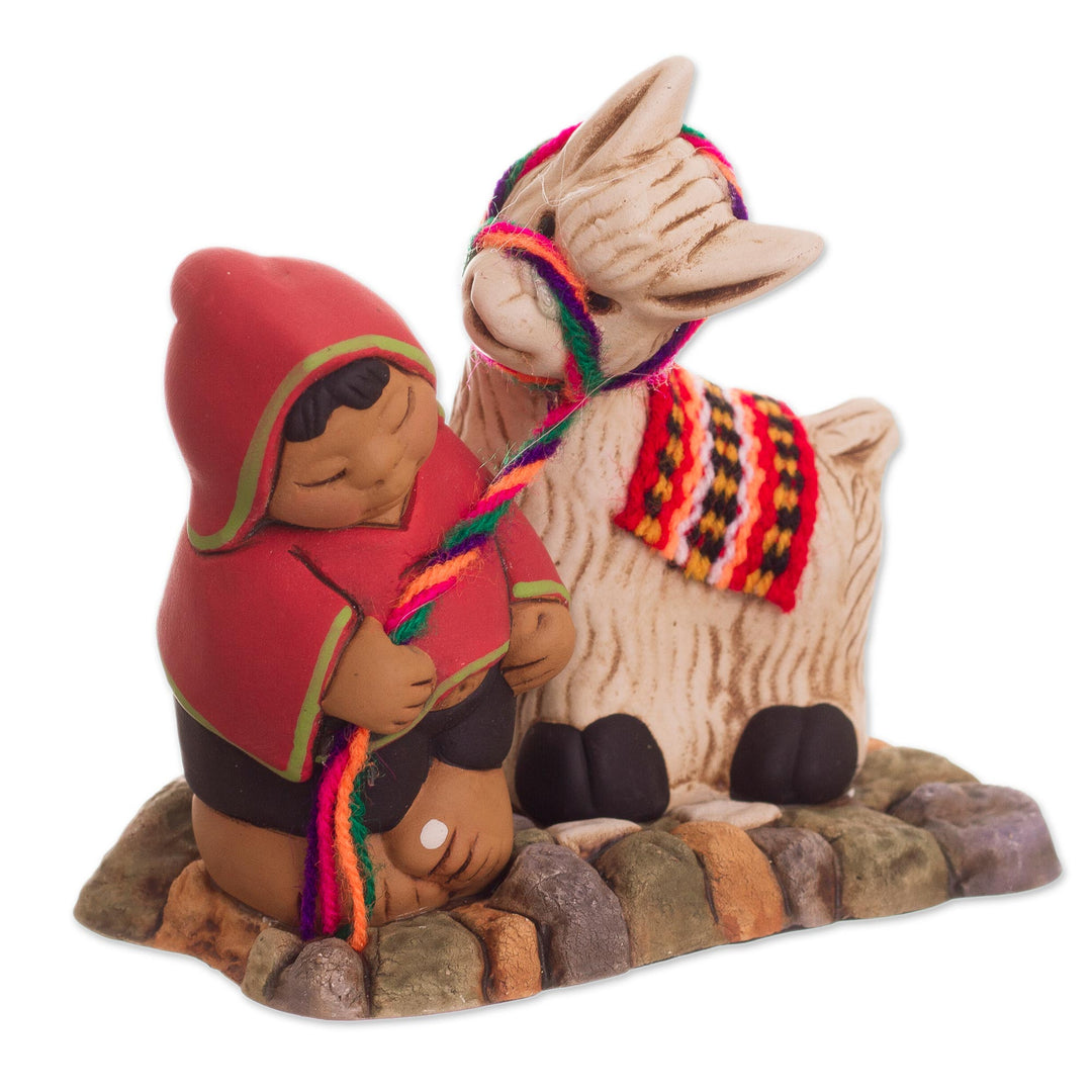 Ceramic Figurine of a Man with a Llama from Peru - Happy Andean Man