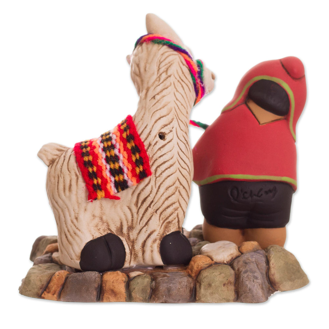 Ceramic Figurine of a Man with a Llama from Peru - Happy Andean Man