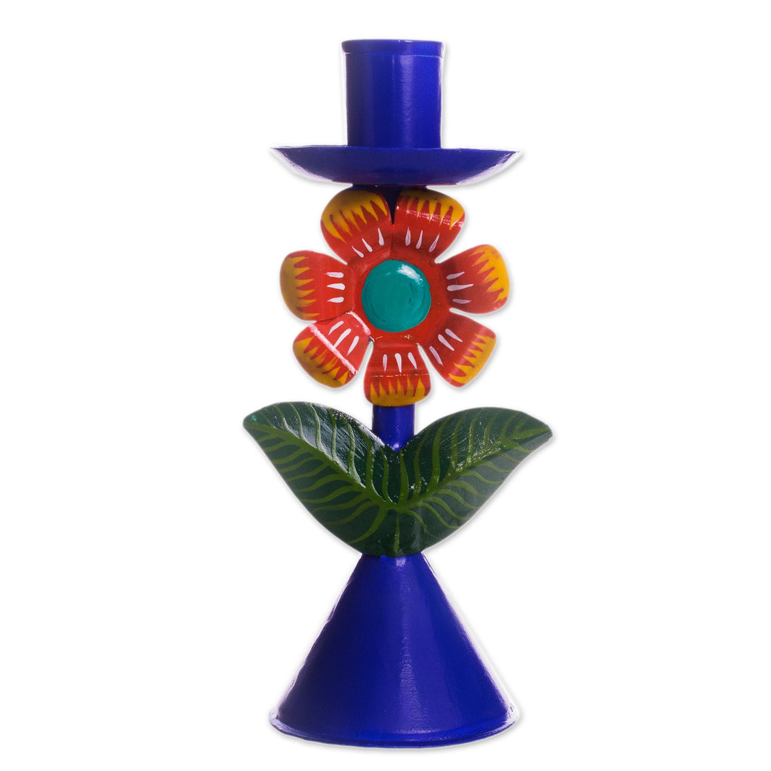 Floral Recycled Metal Candle Holder in Blue from Peru - Highland Flower in Blue