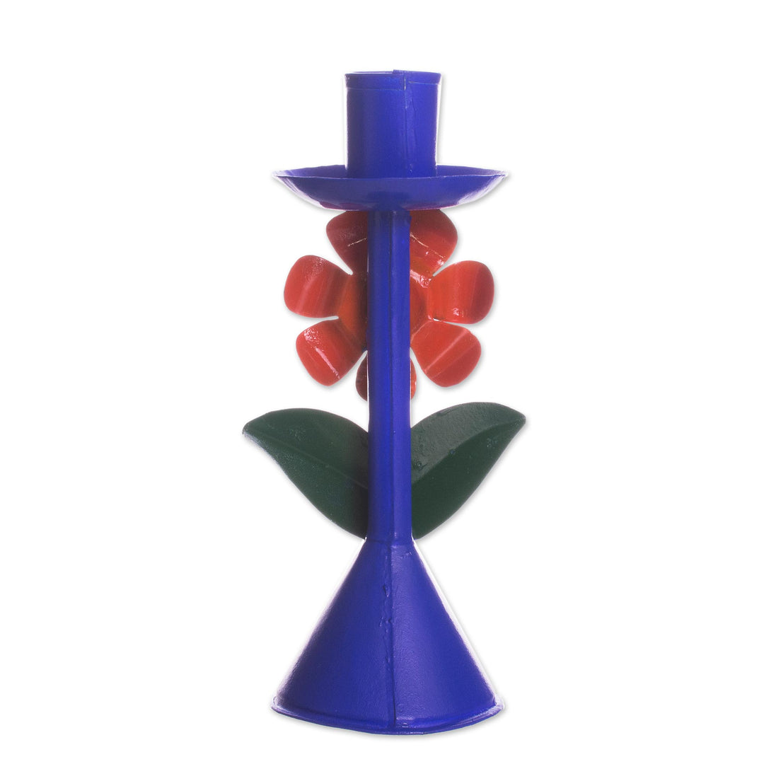 Floral Recycled Metal Candle Holder in Blue from Peru - Highland Flower in Blue