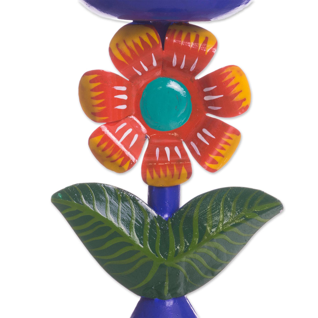 Floral Recycled Metal Candle Holder in Blue from Peru - Highland Flower in Blue