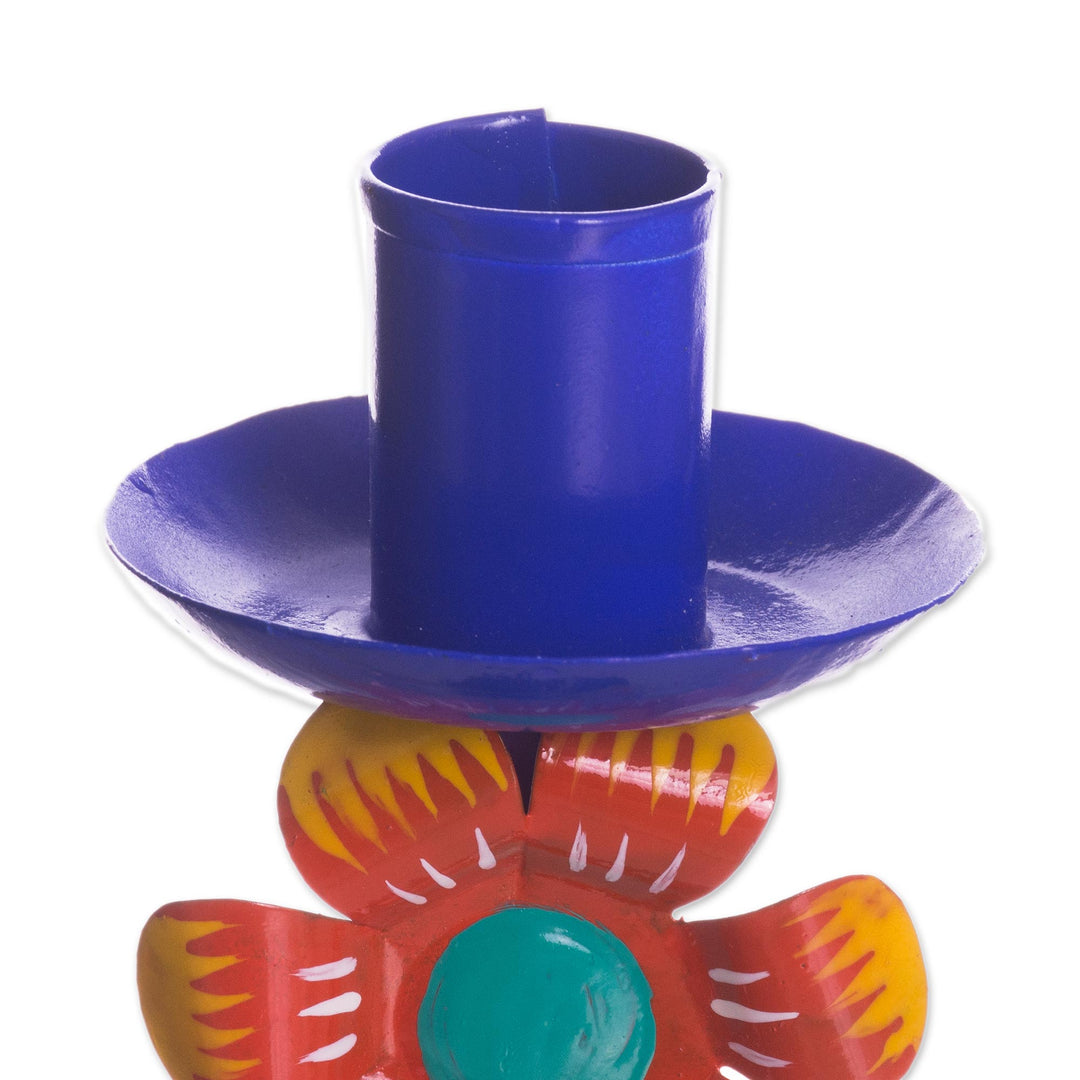 Floral Recycled Metal Candle Holder in Blue from Peru - Highland Flower in Blue