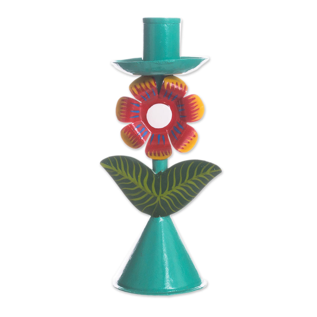 Floral Recycled Metal Candle Holder in Aqua from Peru - Delightful Flower in Aqua