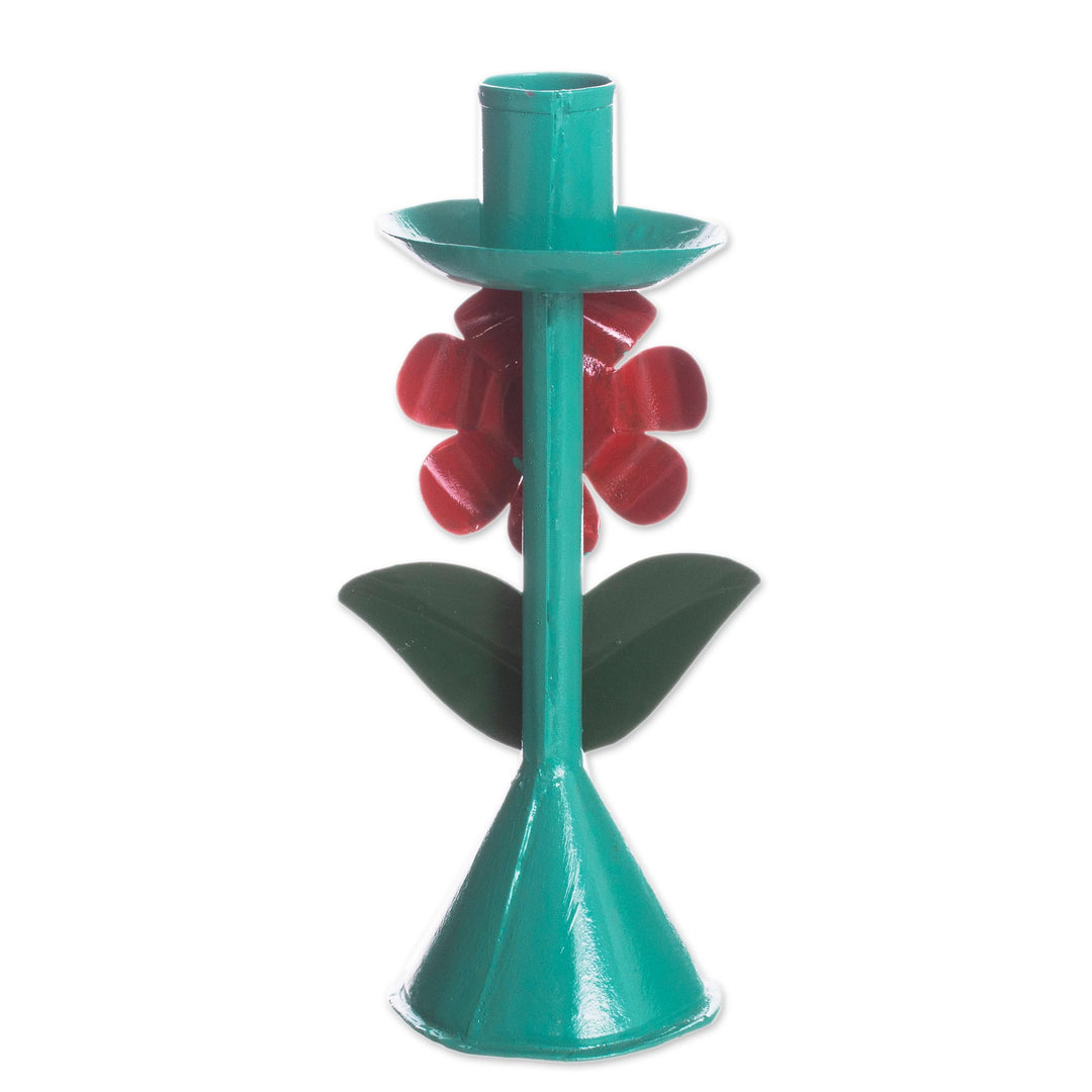 Floral Recycled Metal Candle Holder in Aqua from Peru - Delightful Flower in Aqua