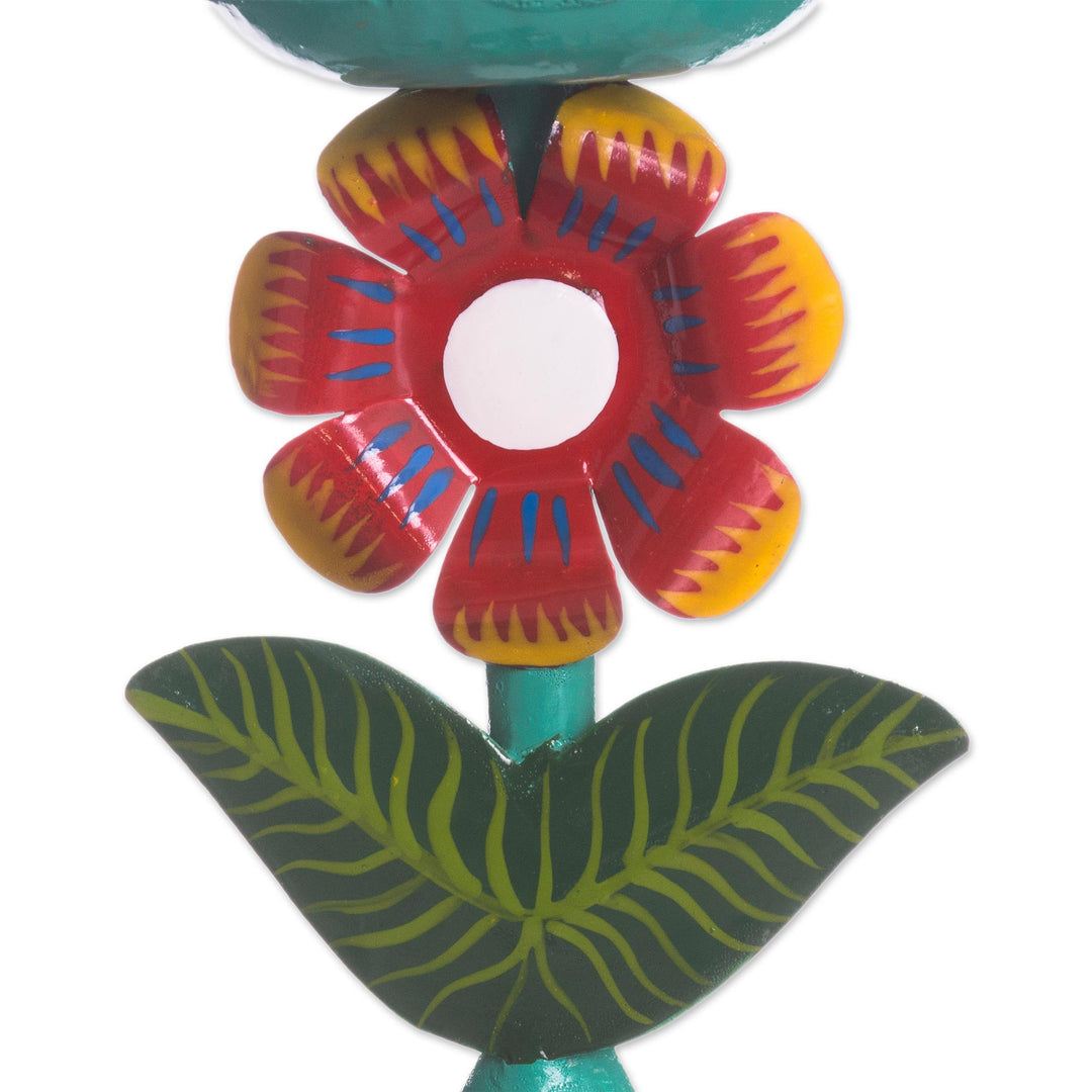 Floral Recycled Metal Candle Holder in Aqua from Peru - Delightful Flower in Aqua