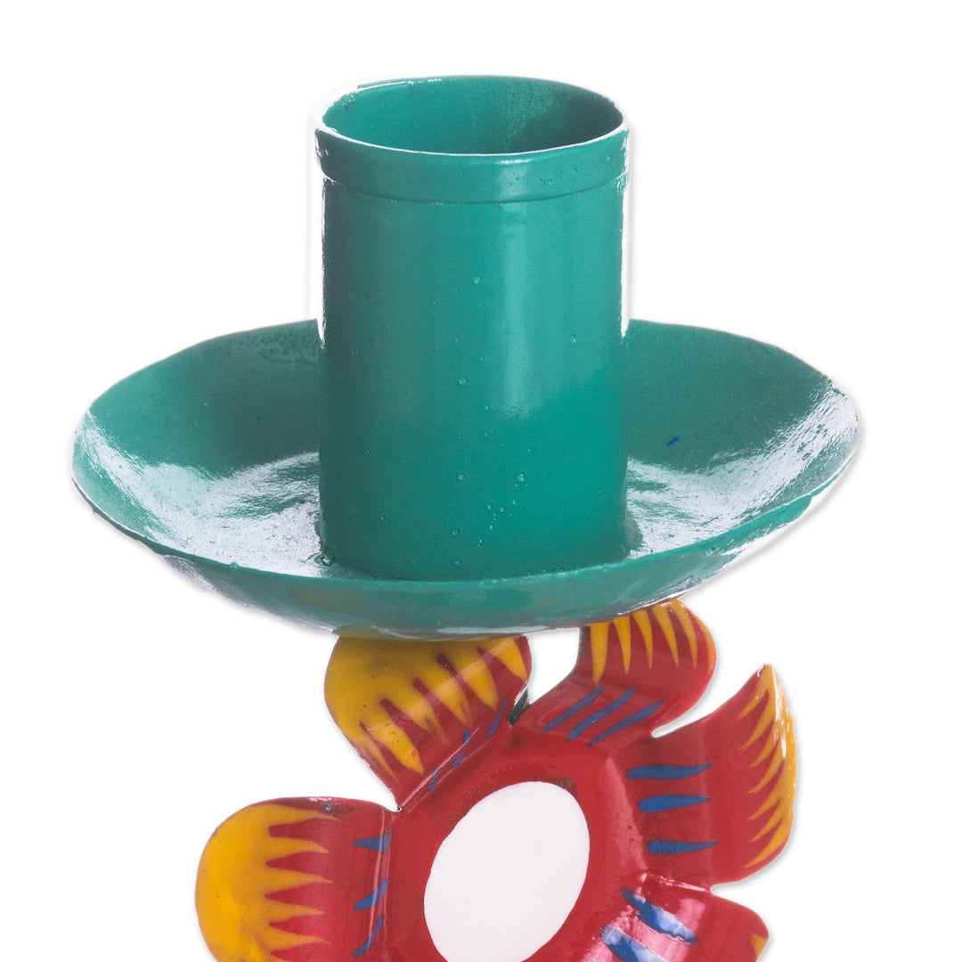 Floral Recycled Metal Candle Holder in Aqua from Peru - Delightful Flower in Aqua