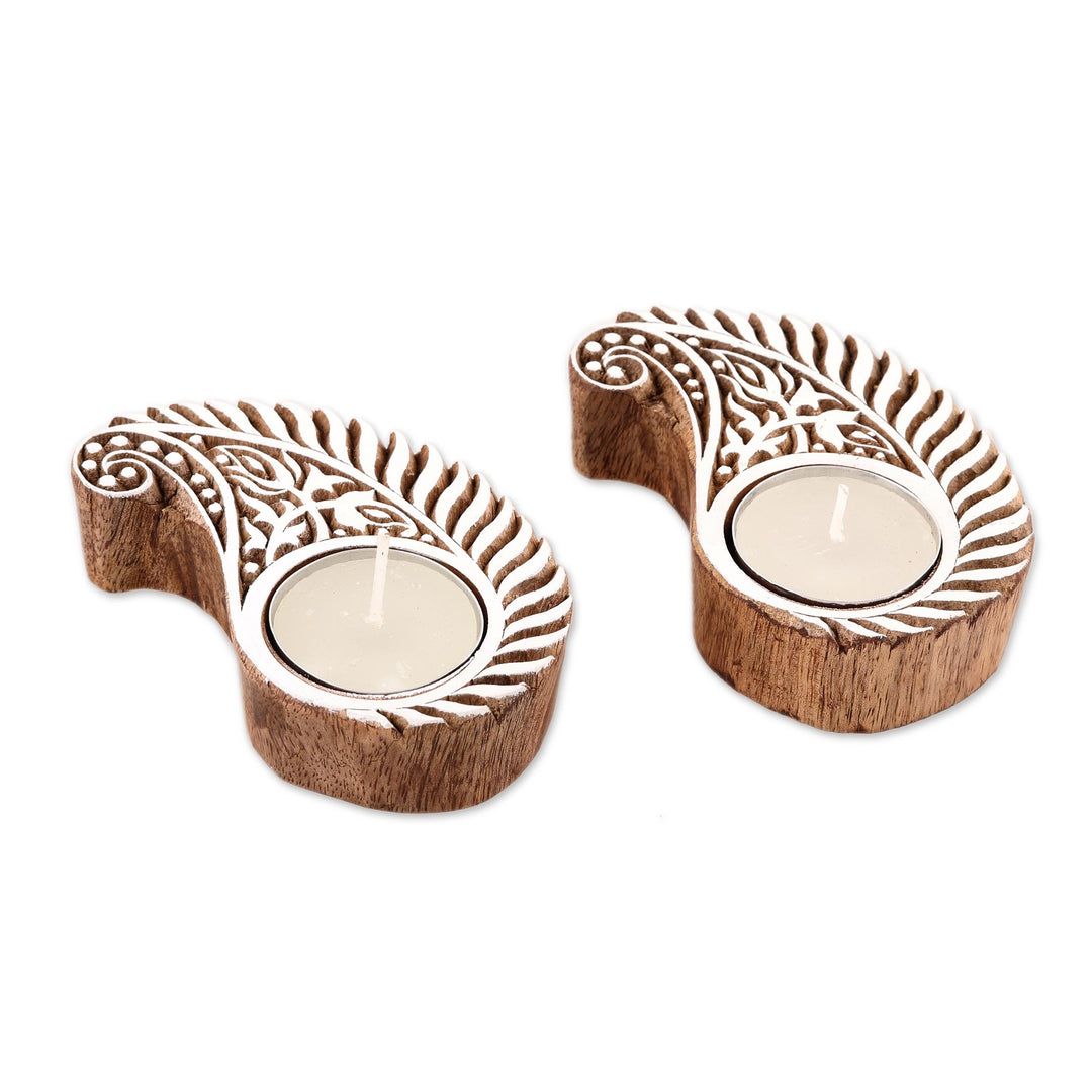 Paisley Mango Wood Tealight Holders from India (Pair) - Paisley Blocks