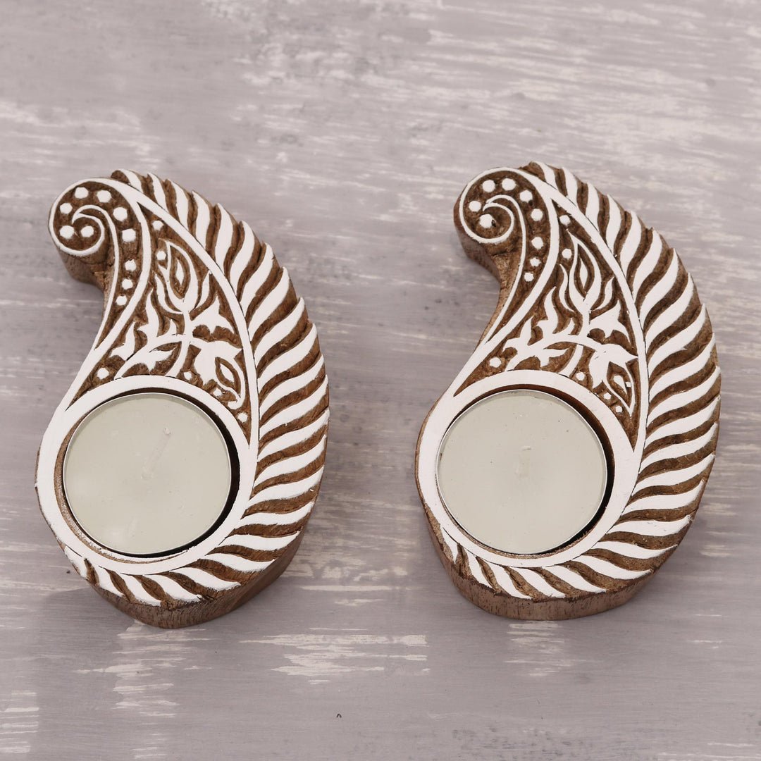 Paisley Mango Wood Tealight Holders from India (Pair) - Paisley Blocks