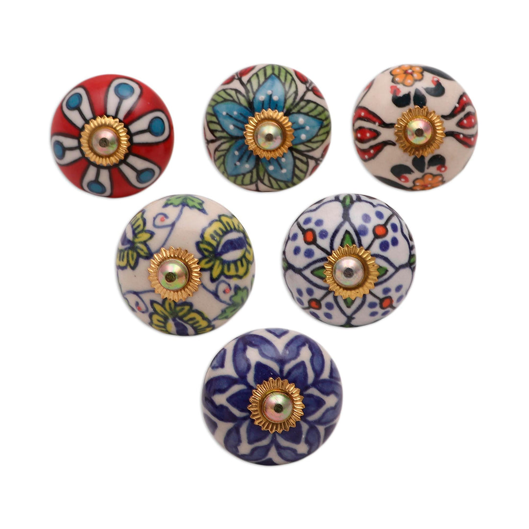 Floral Motif Ceramic Knobs from India (Set of 6) - Floral Union