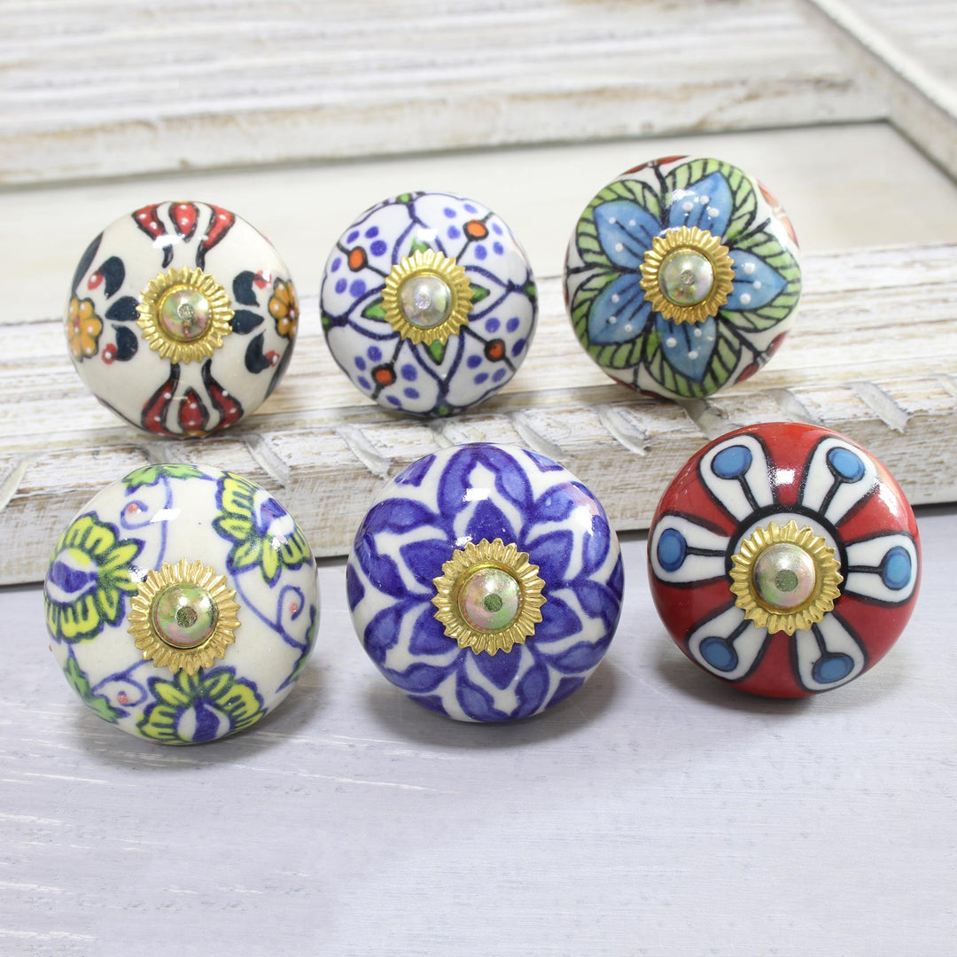 Floral Motif Ceramic Knobs from India (Set of 6) - Floral Union