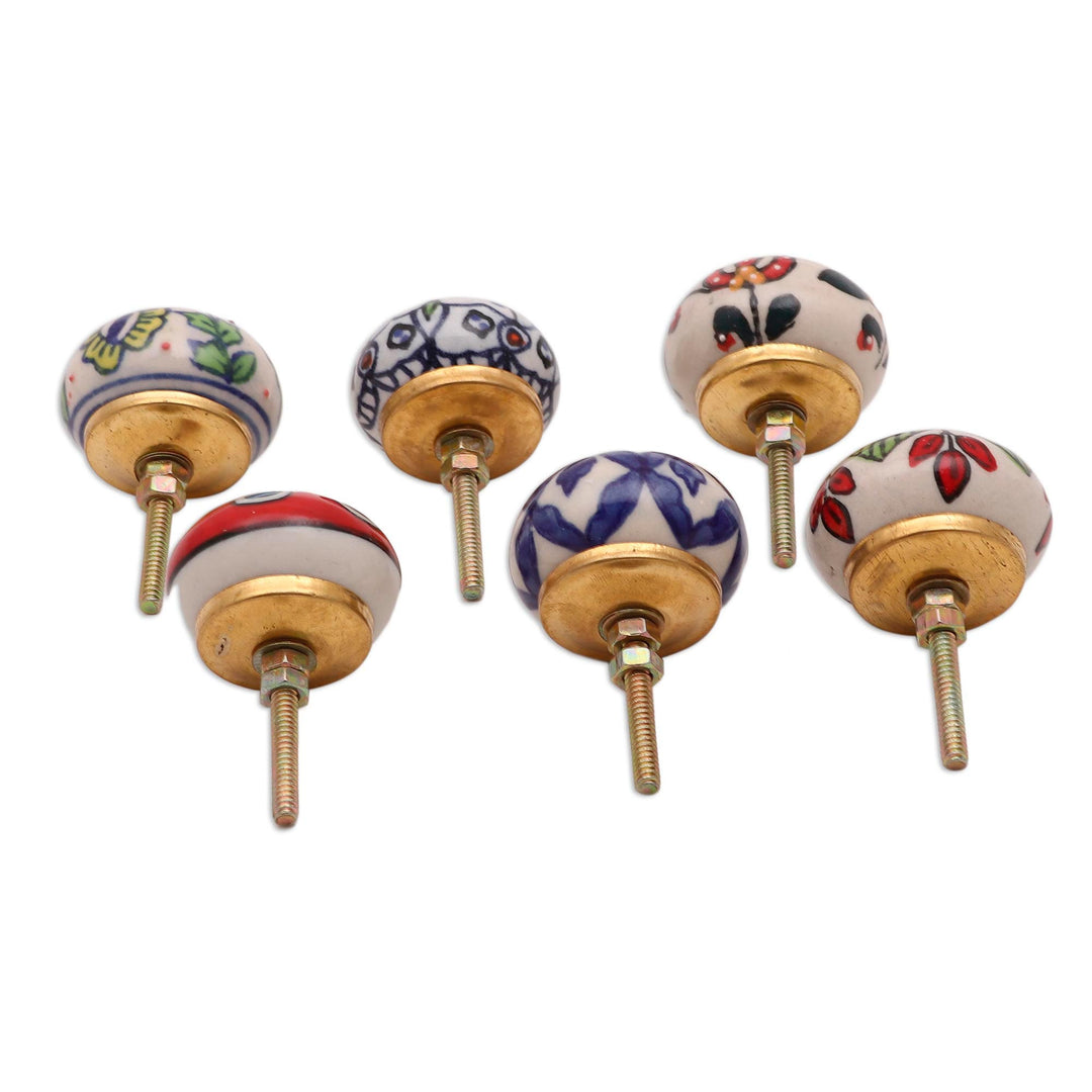 Floral Motif Ceramic Knobs from India (Set of 6) - Floral Union