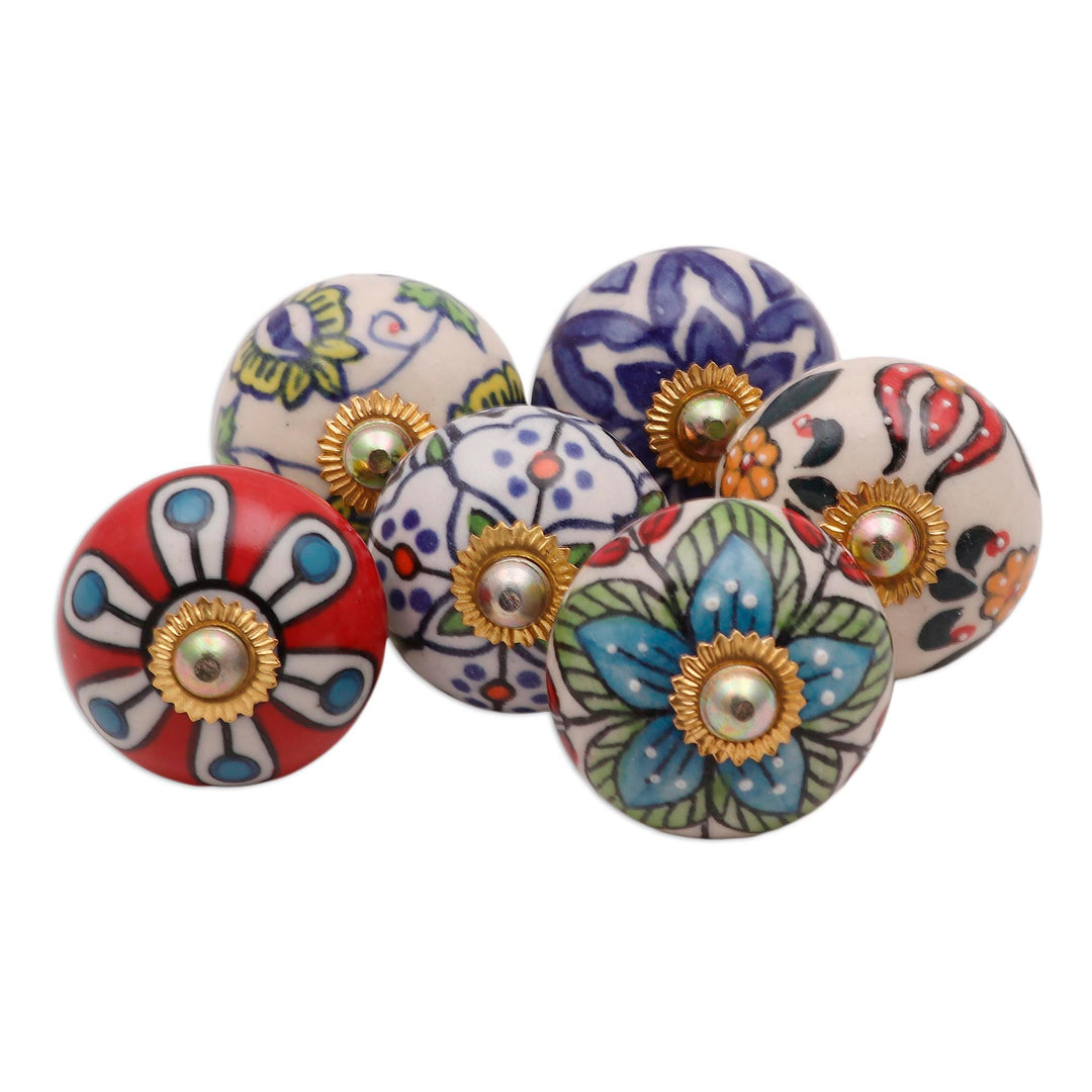Floral Motif Ceramic Knobs from India (Set of 6) - Floral Union