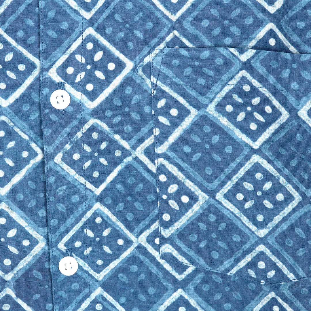 Block-Printed Men's Cotton Shirt from India - Bold Diamonds