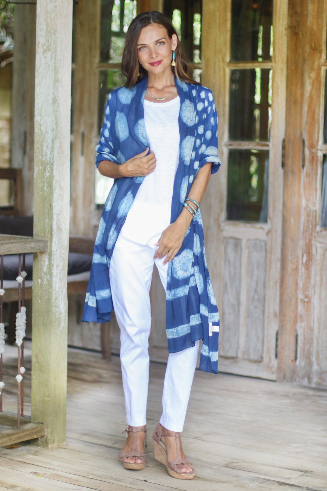 Moon Motif Block-Printed Cotton Shawl from India - Indigo Bubbles