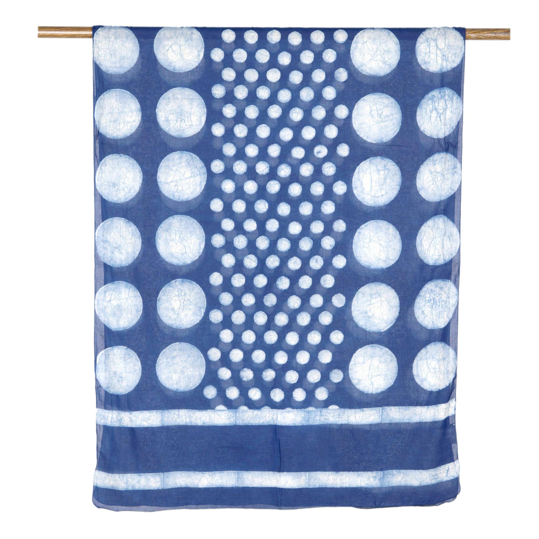 Moon Motif Block-Printed Cotton Shawl from India - Indigo Bubbles