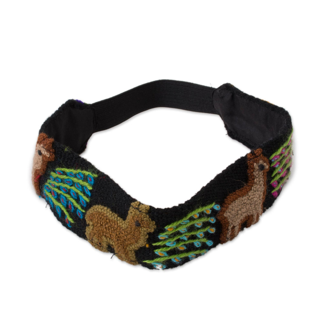 Embroidered Llama Pattern Wool Headband from Peru - Llama Parade