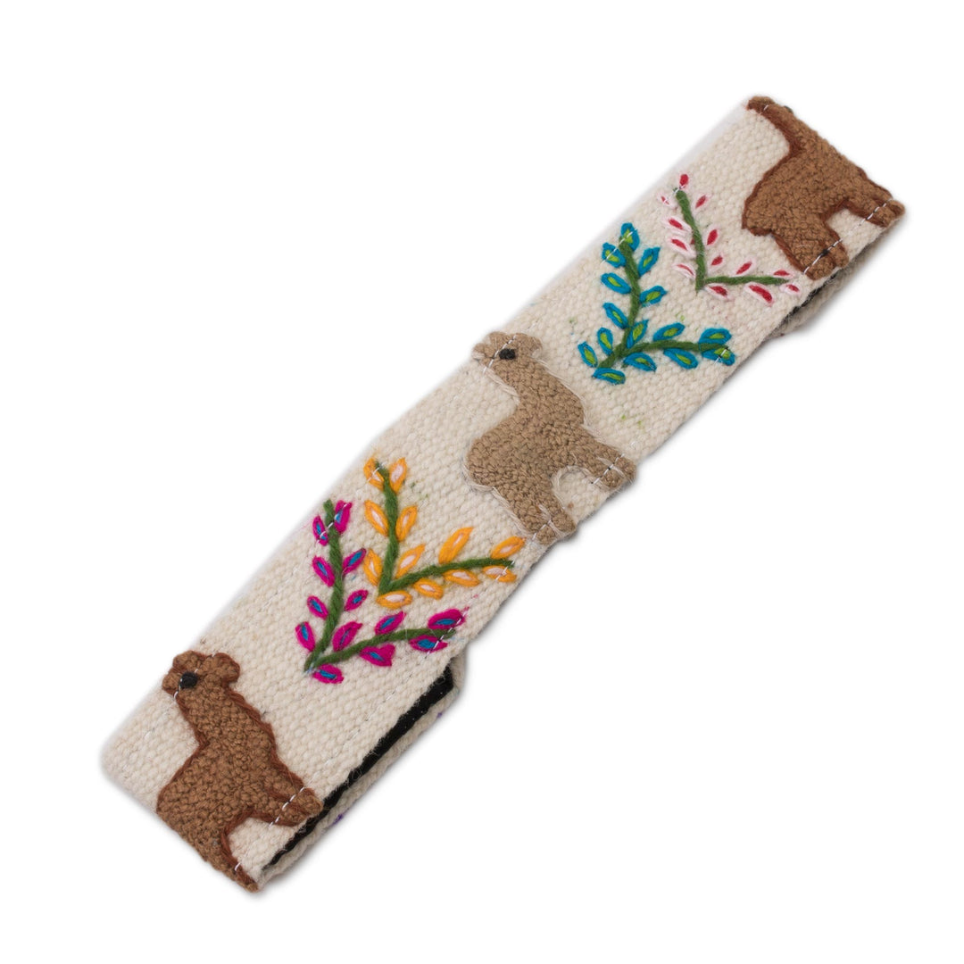 Llama Pattern Wool Headband in Alabaster from Peru - Llama Procession