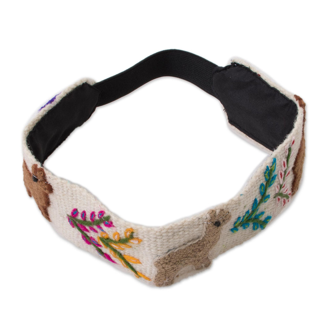Llama Pattern Wool Headband in Alabaster from Peru - Llama Procession