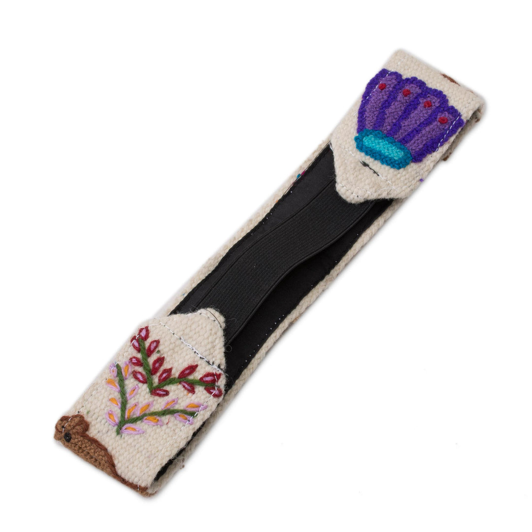 Llama Pattern Wool Headband in Alabaster from Peru - Llama Procession