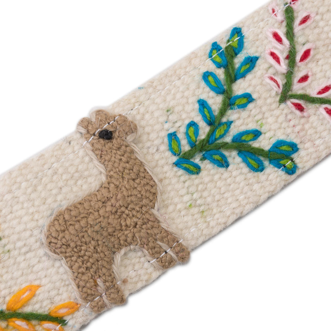 Llama Pattern Wool Headband in Alabaster from Peru - Llama Procession