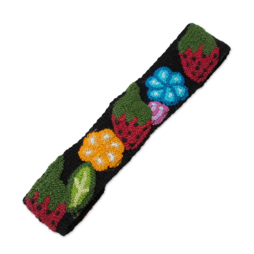 Floral and Strawberry Pattern Wool Headband from Peru - Flowers and Strawberries