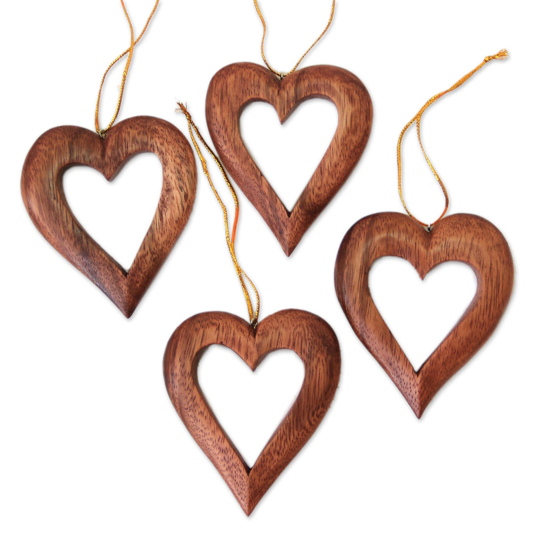 Heart-Shaped Suar Wood Ornaments from Bali (Set of 4) - Heart Grain