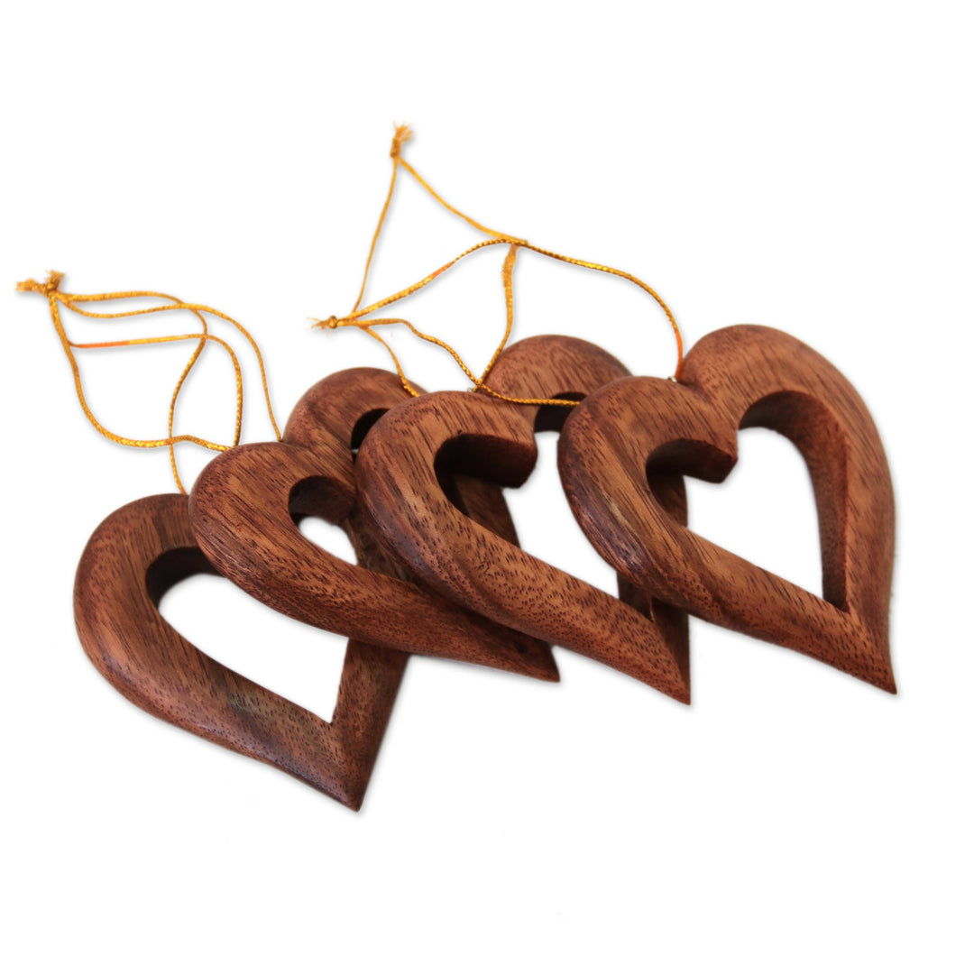 Heart-Shaped Suar Wood Ornaments from Bali (Set of 4) - Heart Grain