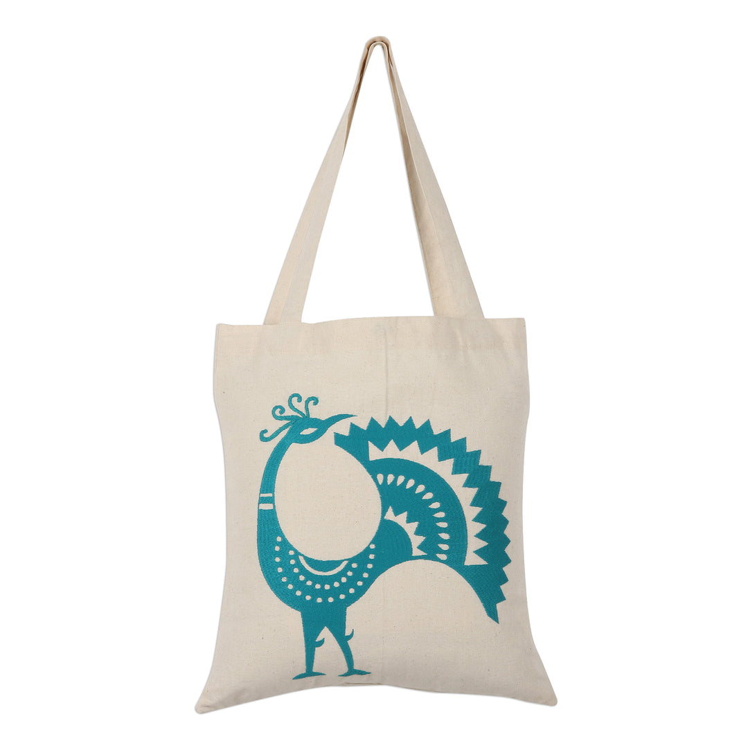 Embroidered Peacock Cotton Shoulder Bag in Teal from India - Peacock Pose in Teal