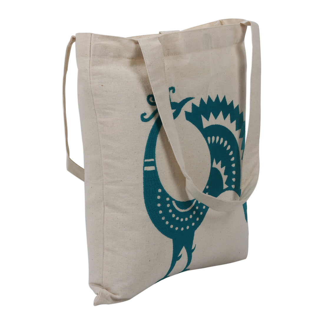 Embroidered Peacock Cotton Shoulder Bag in Teal from India - Peacock Pose in Teal