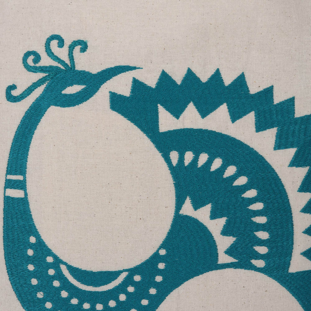 Embroidered Peacock Cotton Shoulder Bag in Teal from India - Peacock Pose in Teal