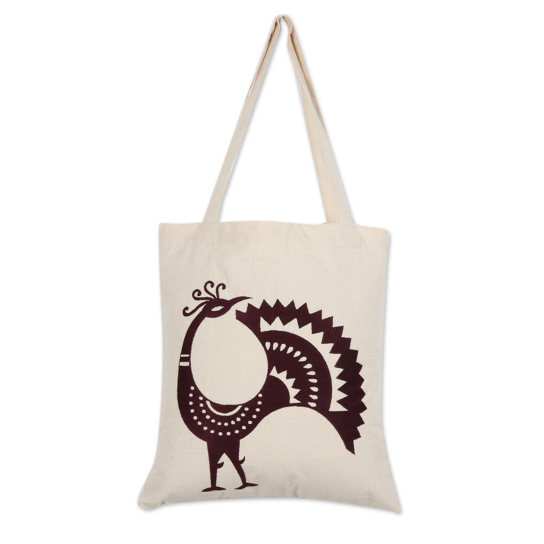 Peacock Pattern Embroidered Cotton Shoulder Bag in Mahogany - Peacock Pose in Mahogany