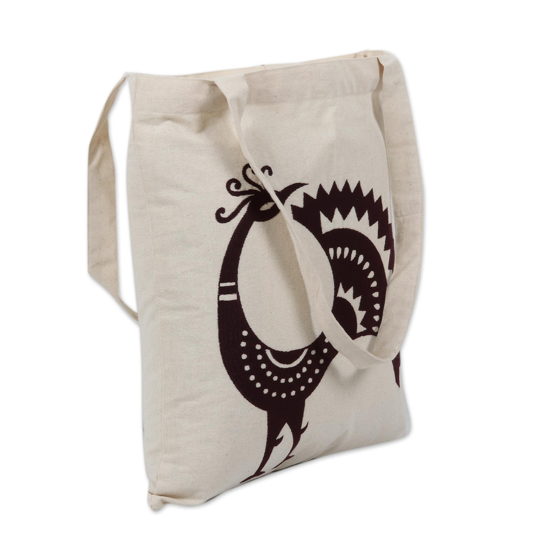 Peacock Pattern Embroidered Cotton Shoulder Bag in Mahogany - Peacock Pose in Mahogany