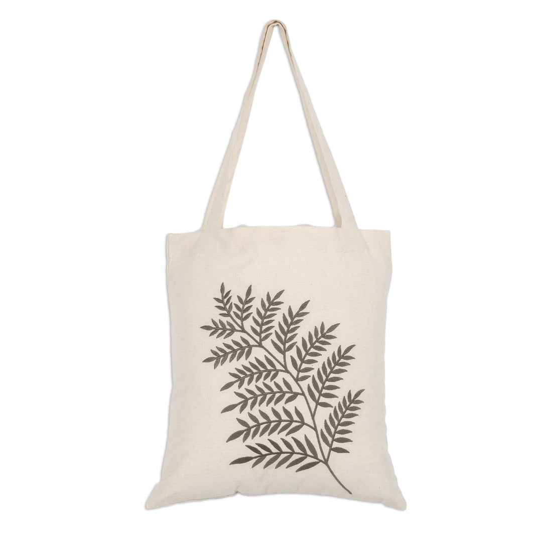 Sage Fern Pattern Embroidered Cotton Shoulder Bag from India - Ferny Frond in Sage