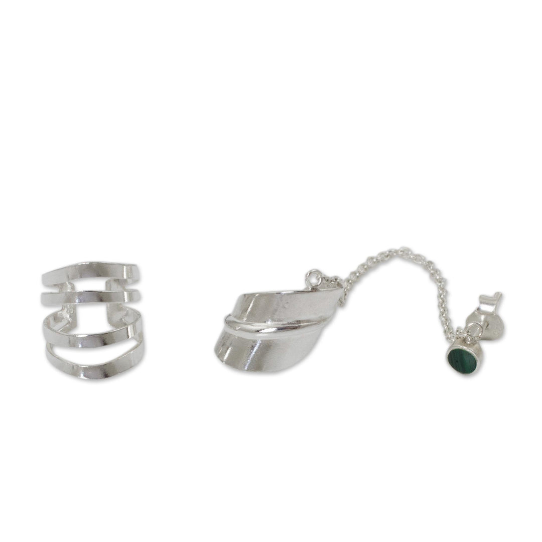 Sterling Silver Ear Cuffs with Chain in Green from Thailand - Forest Whisper