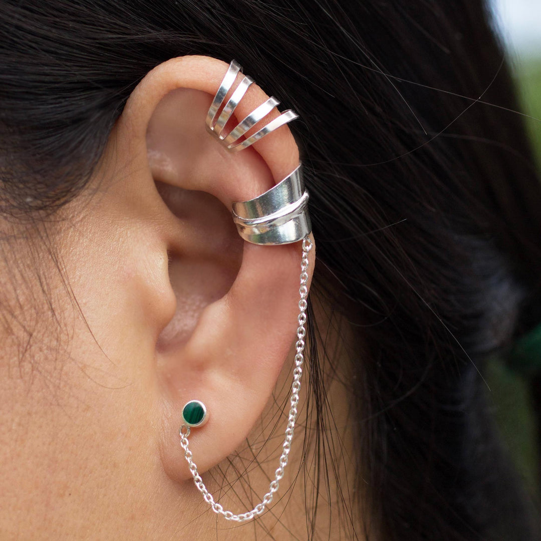 Sterling Silver Ear Cuffs with Chain in Green from Thailand - Forest Whisper