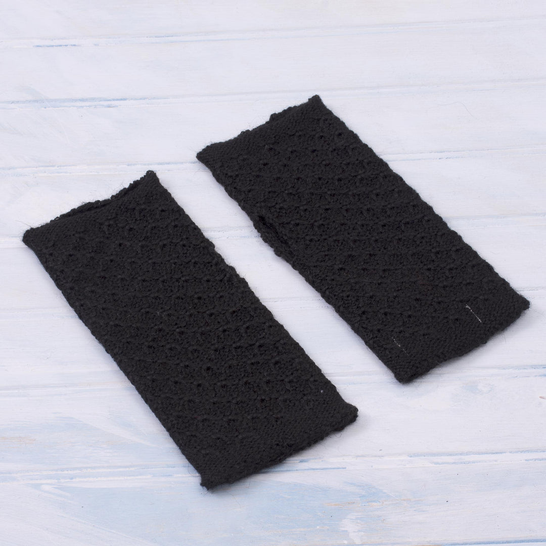Patterned 100% Baby Alpaca Fingerless Mitts in Black - Passionate Pattern in Black