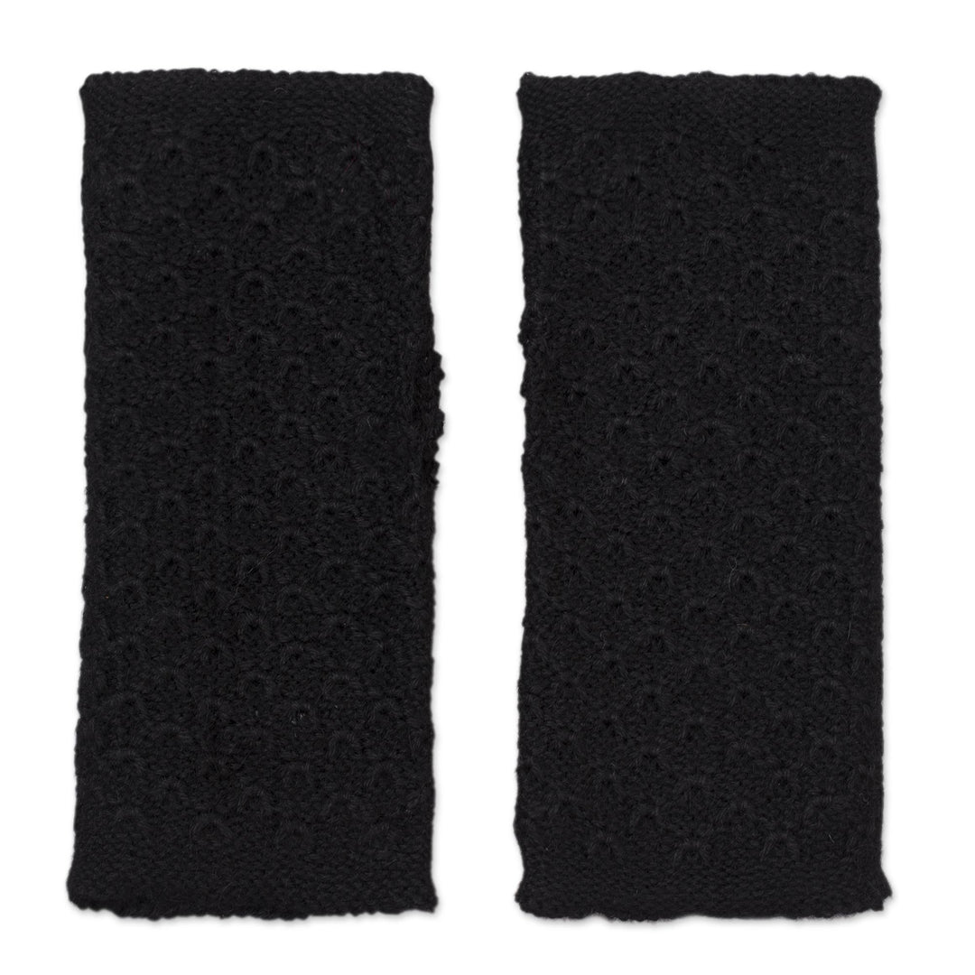 Patterned 100% Baby Alpaca Fingerless Mitts in Black - Passionate Pattern in Black