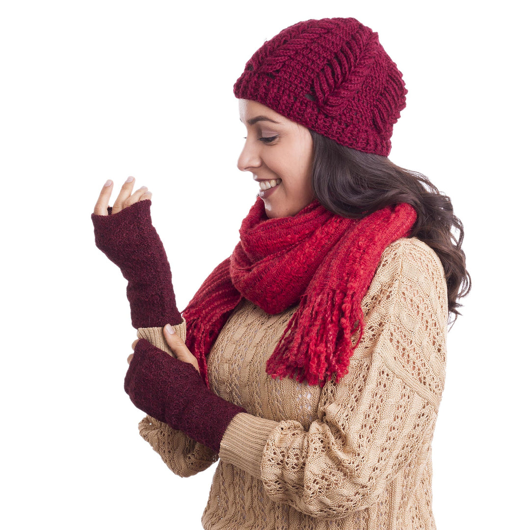 Patterned 100% Baby Alpaca Fingerless Mitts in Maroon - Gossamer Wine