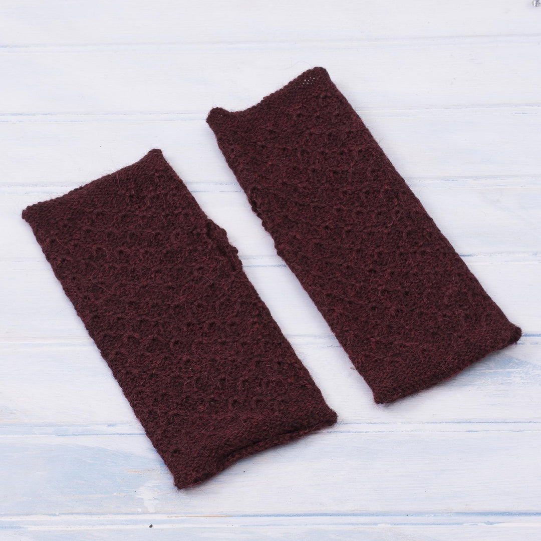Patterned 100% Baby Alpaca Fingerless Mitts in Maroon - Gossamer Wine