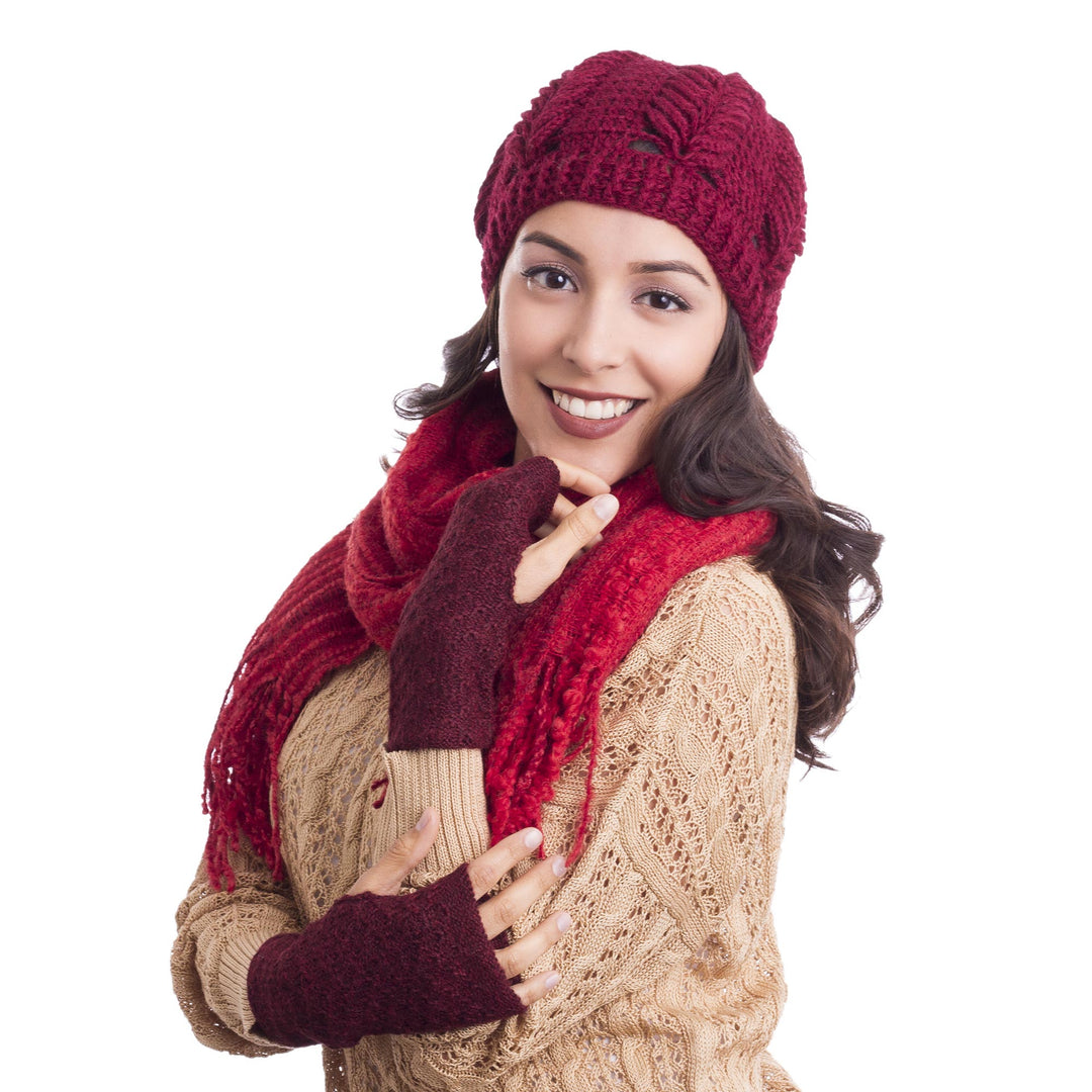 Patterned 100% Baby Alpaca Fingerless Mitts in Maroon - Gossamer Wine