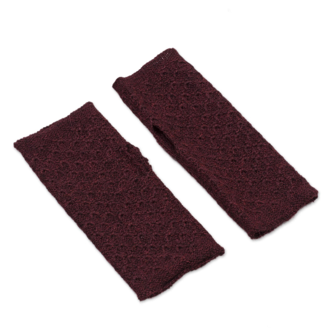 Patterned 100% Baby Alpaca Fingerless Mitts in Maroon - Gossamer Wine