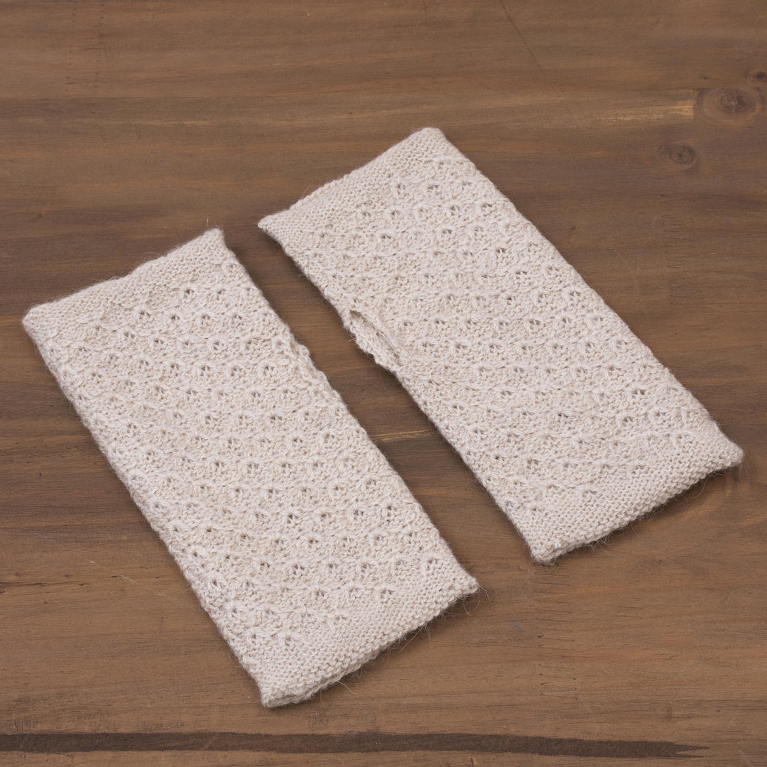 Patterned 100% Baby Alpaca Fingerless Mitts in Ivory - Gossamer Champagne