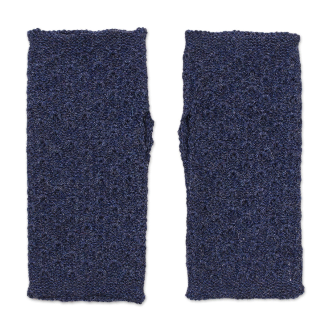Patterned 100% Baby Alpaca Fingerless Mitts from Peru - Passionate Pattern in Indigo