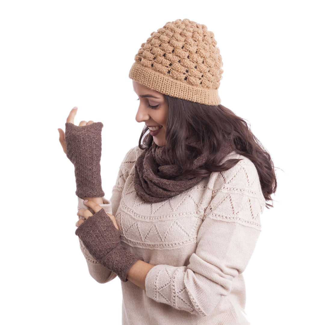 Patterned 100% Baby Alpaca Fingerless Mitts in Chestnut - Gossamer in Chestnut