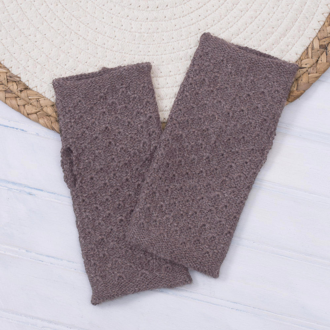 Patterned 100% Baby Alpaca Fingerless Mitts in Chestnut - Gossamer in Chestnut