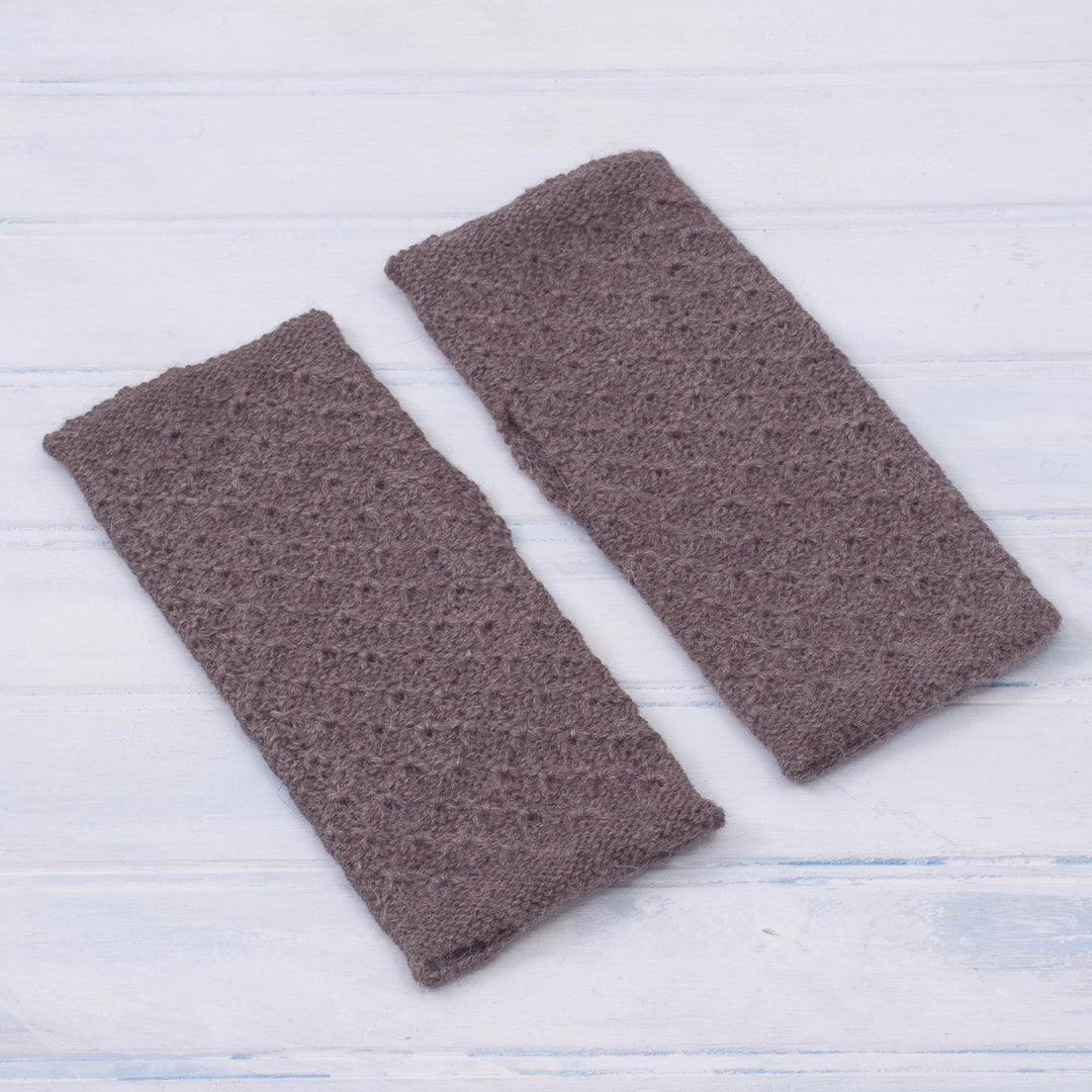 Patterned 100% Baby Alpaca Fingerless Mitts in Chestnut - Gossamer in Chestnut